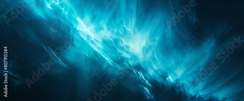  A closeup of the northern lights in dark blue and turquoise, with light rays against a black background, creating an abstract gradient effect