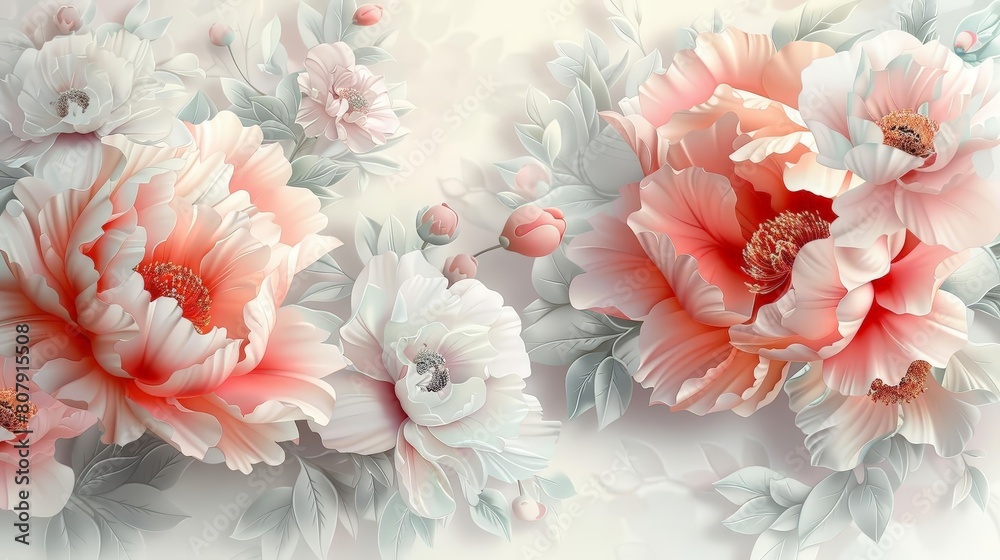 illustration of peony flowers in various shades of pink and white, with a white flower in the foreground illustration of peony flowers in various shades of pink and white, with a white flower in the foreground