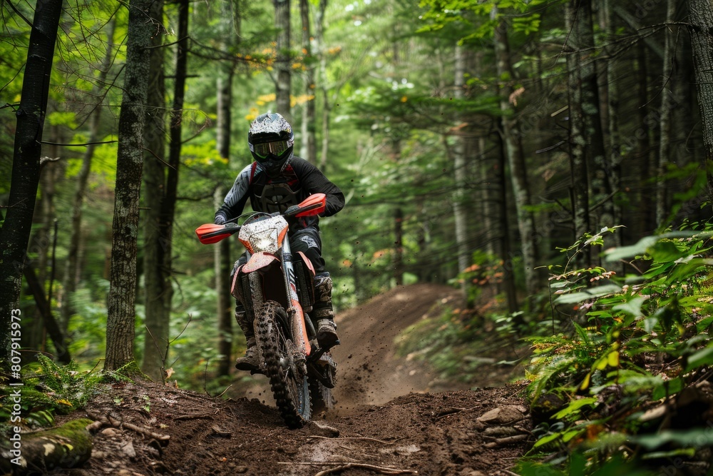 A person navigating a dirt bike through a forest trail with dense trees
