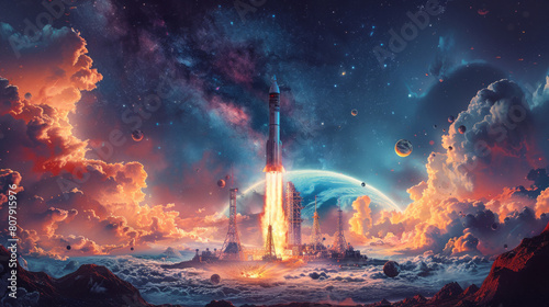 Dramatic space launch scene with vibrant cosmic backdrop