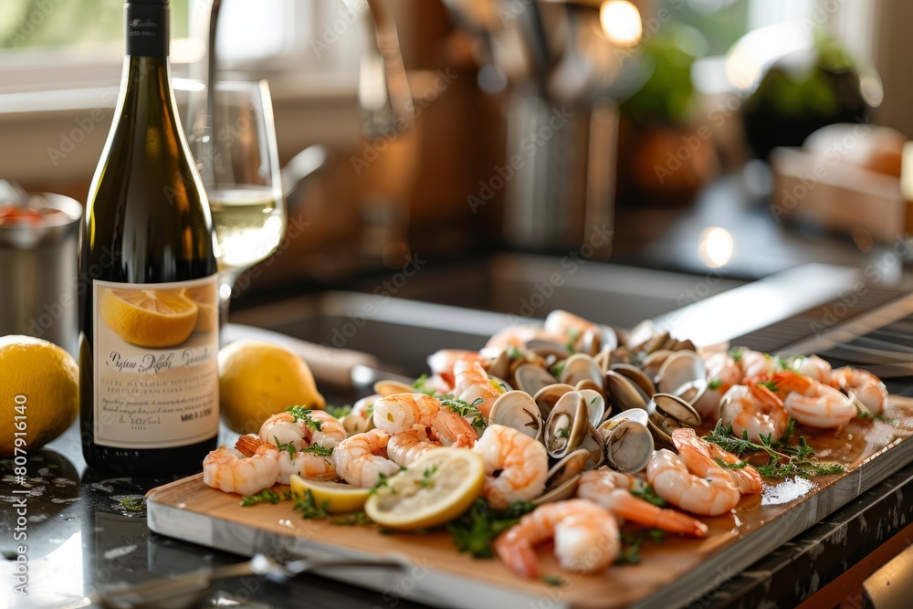 A wooden cutting board topped with fresh shrimp next to a bottle of wine on a kitchen counter