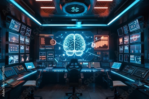 A futuristic control room with numerous computers and monitors displaying data and holographic images