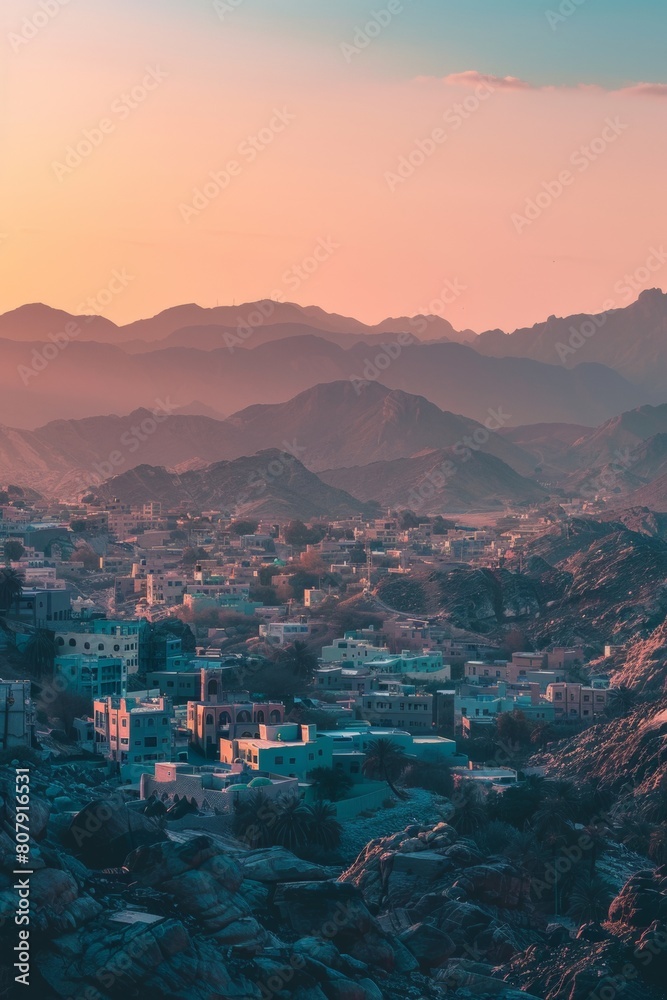 A desert city nestled against a backdrop of mountains at dawn, panoramic view capturing the unique landscape