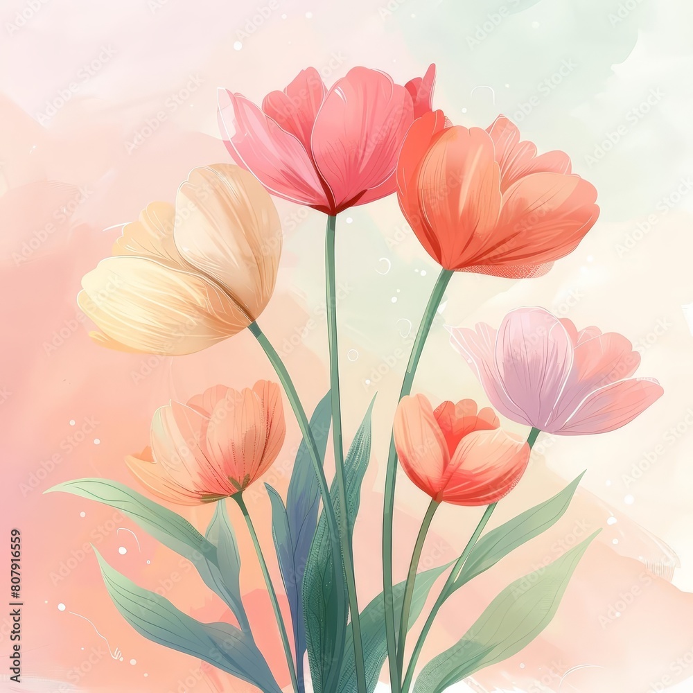 ilustrasi vektor tumbuhan tulips in various shades of pink and orange, with green leaves, on a pink background ilustrasi vektor tumbuhan tulips in various shades of pink and orange, with green leaves, on a pink background