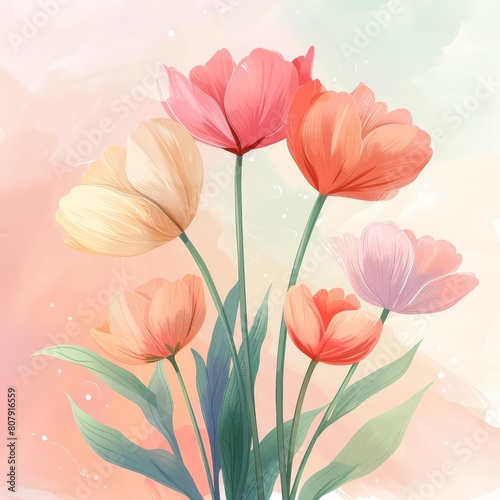 ilustrasi vektor tumbuhan tulips in various shades of pink and orange, with green leaves, on a pink background