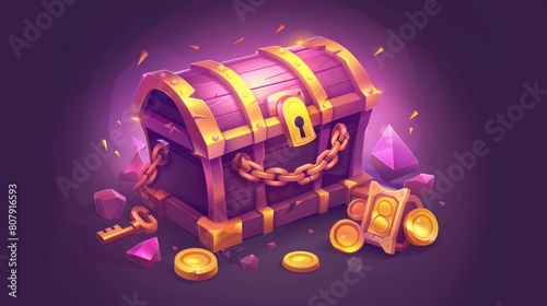 There is a treasure chest filled with gold coins  locked with a chain and padlock and key. A game icon of a treasure chest full of golden coins  isolated on a wooden background  with glowing golden