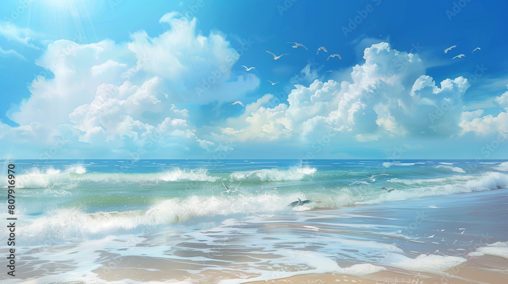 Blue sea and blue sky: Seaside beauty depicted by digital art