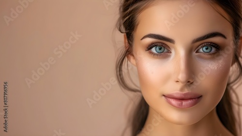 Young woman with clear skin on beige background beauty and skincare concept. Concept Skincare Routine, Clear Skin Tips, Beauty Regimen, Beige Background Photoshoot, Youthful Appearance