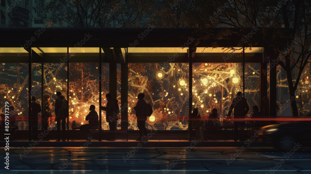 Generate a scene of commuters standing in line at a bus stop beneath the twinkling lights of the city skyline, their silhouettes illuminated by the glow of skyscrapers and street lamps, Generate a scene of commuters standing in line at a bus stop beneath the twinkling lights of the city skyline, their silhouettes illuminated by the glow of skyscrapers and street lamps,