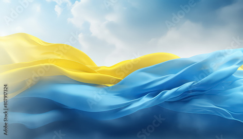 A flag with blue and yellow stripes is shown in a blurry, hazy atmosphere
