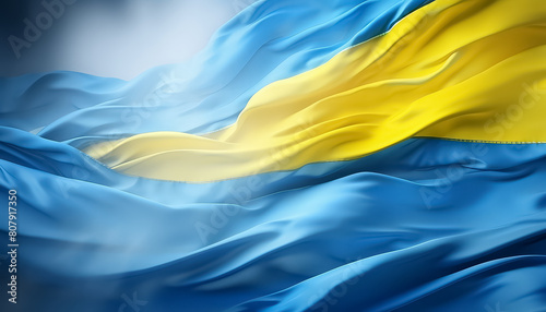 A flag with blue and yellow stripes is shown in a blurry  hazy atmosphere