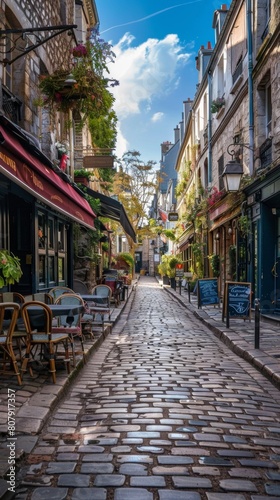 A historic cobblestone street with charming cafes and shops, panoramic perspective emphasizing its quaintness © ktianngoen0128