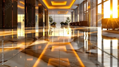 Elegant Lobby with Gleaming Floor in Contemporary Commercial Building post-Cleaning. Concept Commercial Cleaning, Lobby Renovation, Floor Maintenance, Commercial Design, Office Decoration photo