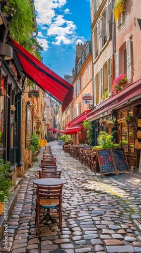 Fototapeta Naklejka Na Ścianę i Meble -  A historic cobblestone street with charming cafes and shops, panoramic perspective emphasizing its quaintness