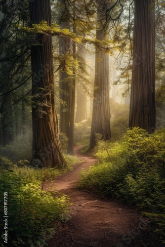 A majestic redwood forest bathed in morning light  panoramic vista emphasizing the towering trees