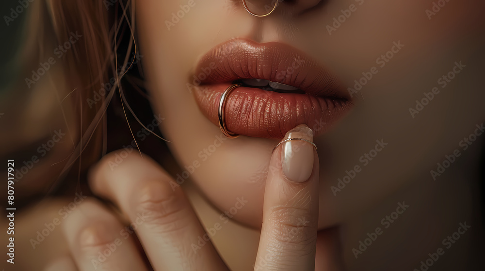 jewelry ring mockup on woman hand closeup. Fashion beauty female lips piercing mockup