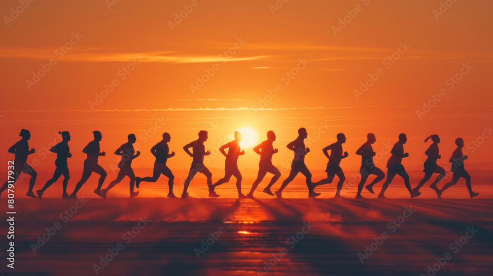 Fototapeta premium Generate a silhouette depiction of a group of marathon runners, each silhouette distinct in their style and form, yet moving forward together towards the finish line, embodying the spirit of teamwork 