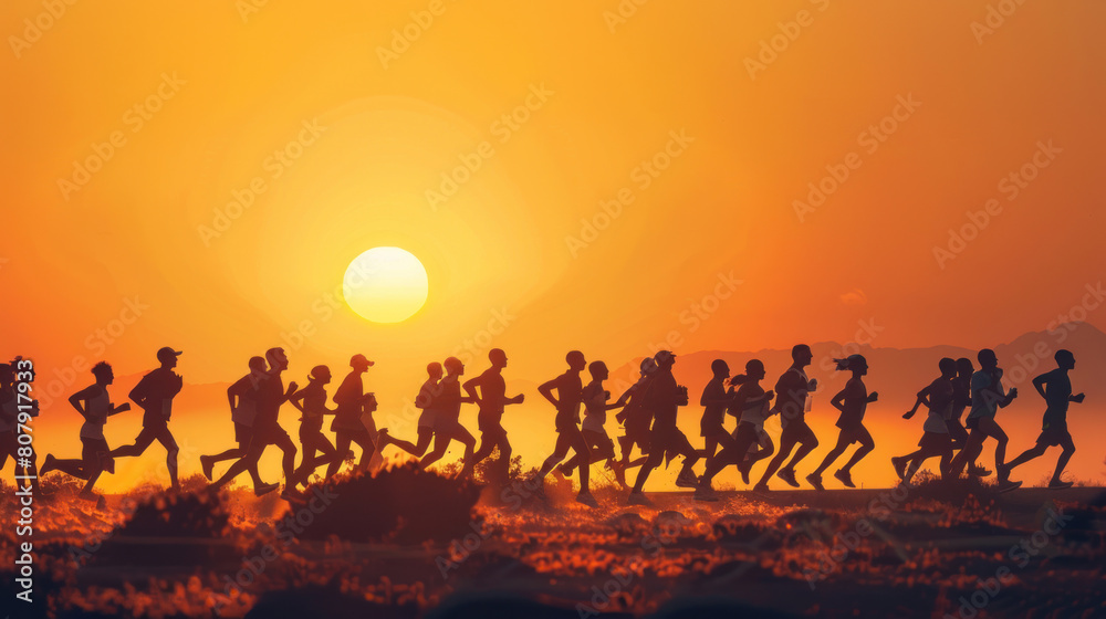 Generate a silhouette depiction of a group of marathon runners, each silhouette distinct in their style and form, yet moving forward together towards the finish line, embodying the spirit of teamwork Generate a silhouette depiction of a group of marathon runners, each silhouette distinct in their style and form, yet moving forward together towards the finish line, embodying the spirit of teamwork
