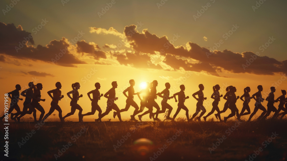 Generate a silhouette depiction of a group of marathon runners, each silhouette distinct in their style and form, yet moving forward together towards the finish line, embodying the spirit of teamwork Generate a silhouette depiction of a group of marathon runners, each silhouette distinct in their style and form, yet moving forward together towards the finish line, embodying the spirit of teamwork