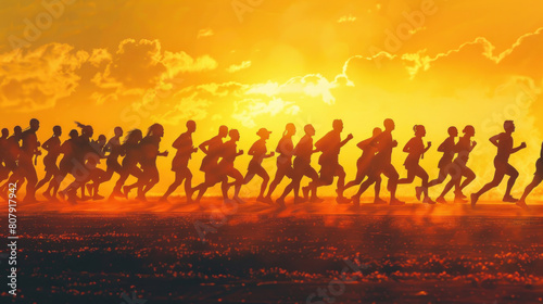 Generate a silhouette depiction of a group of marathon runners, each silhouette distinct in their style and form, yet moving forward together towards the finish line, embodying the spirit of teamwork 