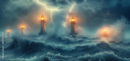 Six lighthouses stand amid the rough waves, symbolizing strength and guidance in the face of rough seas. Glowing from within. Generative AI.