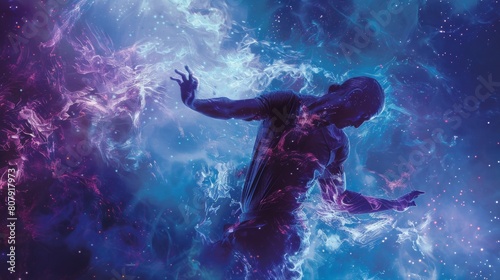A nebula as the swirling backdrop for a dramatic dance performance  conveying energy and movement