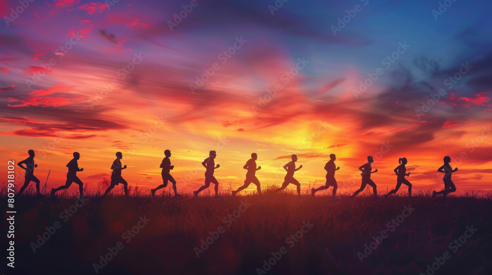 Generate a silhouette depiction of a group of marathon runners, each silhouette distinct in their style and form, yet moving forward together towards the finish line, embodying the spirit of teamwork Generate a silhouette depiction of a group of marathon runners, each silhouette distinct in their style and form, yet moving forward together towards the finish line, embodying the spirit of teamwork
