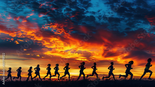 Generate a silhouette depiction of a group of marathon runners  each silhouette distinct in their style and form  yet moving forward together towards the finish line  embodying the spirit of teamwork 