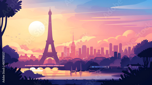 Eiffel Tower on a naturely background. Flat Illustration. Paris ai generative