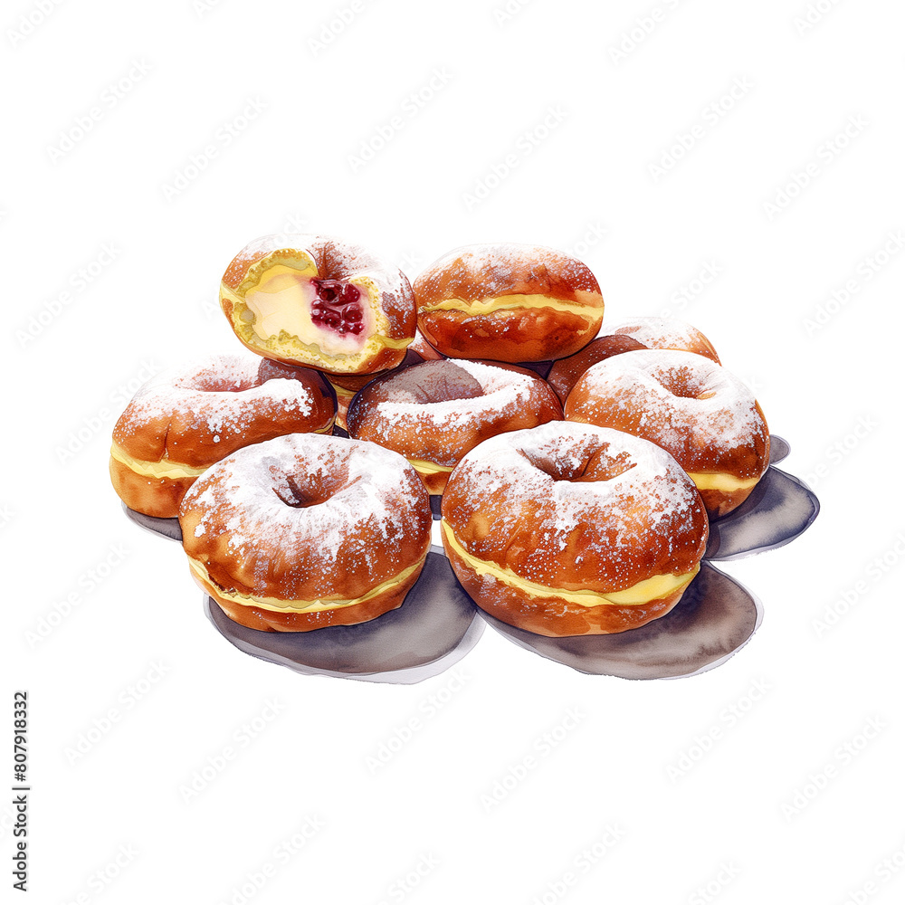 Watercolor illustration of bonbononi, a traditional Italian pastry, fried doughnuts filled with custard cream, on white background. Watercolor illustration of bonbononi, a traditional Italian pastry, fried doughnuts filled with custard cream, on white background.