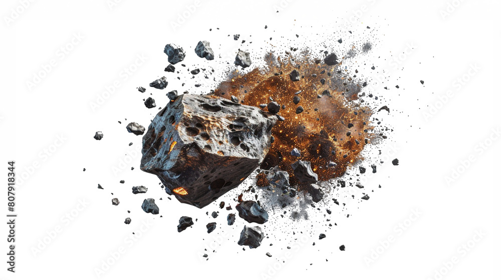 A rocky asteroid hurtling through space with craters and rugged terrain, isolated on a transparent background. A rocky asteroid hurtling through space with craters and rugged terrain, isolated on a transparent background.