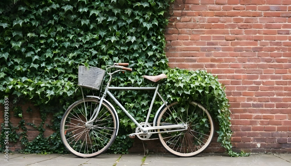 A vintage bicycle parked against a brick wall ador
