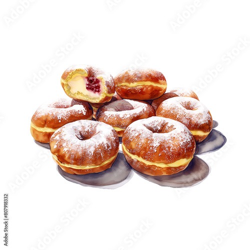 Watercolor illustration of bonbononi, a traditional Italian pastry, fried doughnuts filled with custard cream, on white background.