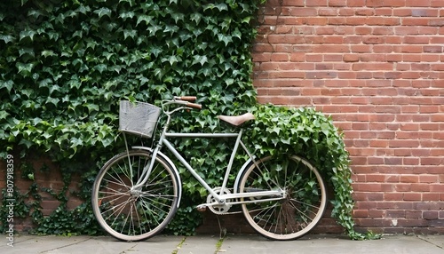 A vintage bicycle parked against a brick wall ador photo