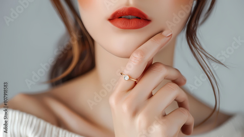 jewelry ring mockup on woman hand closeup. Fashion beauty female lips piercing mockup