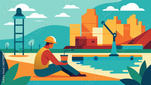 In the midst of a busy construction site a worker takes a peaceful moment to capture themselves in front of a tranquil water feature.. Vector illustration