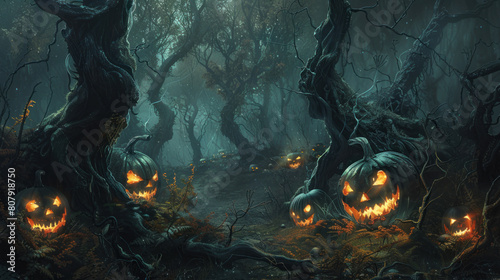 a spine-chilling depiction of an eerie glade nestled within a haunted forest, where sinister pumpkins with twisted grins illuminate the darkness, their eerie glow revealing the malevolent energy