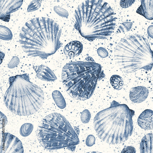 Watercolor sea shells navy blue seamless pattern. Hand drawn ocean background