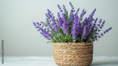 lavender flowers in a basket sit on a transparent background against a white wall