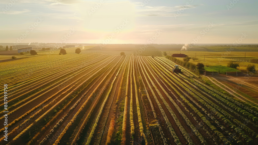 an aerial drone view of a vast agricultural complex, with fields of crops stretching to the horizon and tractors moving in orderly patterns, depicting the scale and efficiency an aerial drone view of a vast agricultural complex, with fields of crops stretching to the horizon and tractors moving in orderly patterns, depicting the scale and efficiency