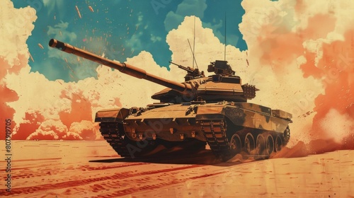 A vintage-style poster featuring an Military tank M1 Abrams in an urban combat setting The text emphasizes the tanks adaptability photo