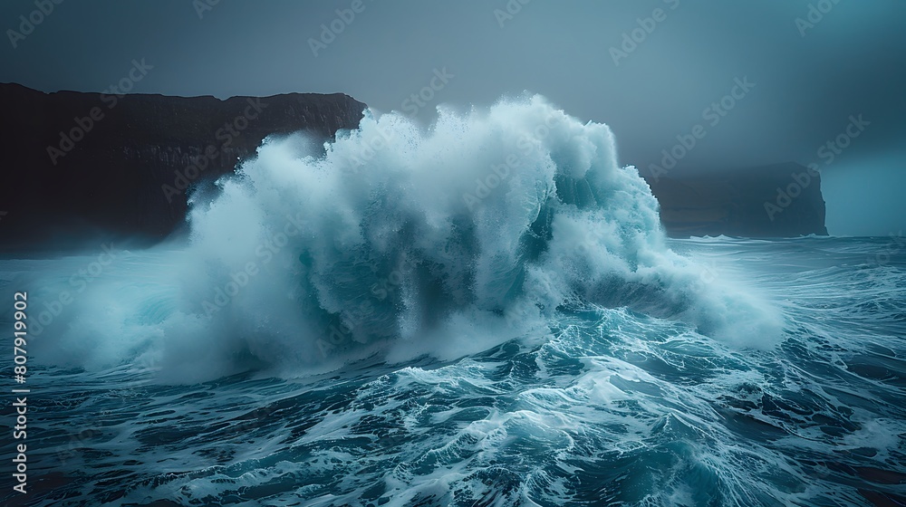 Obraz premium Tumultuous Waves of the Ocean During a Summer Thunderstorm