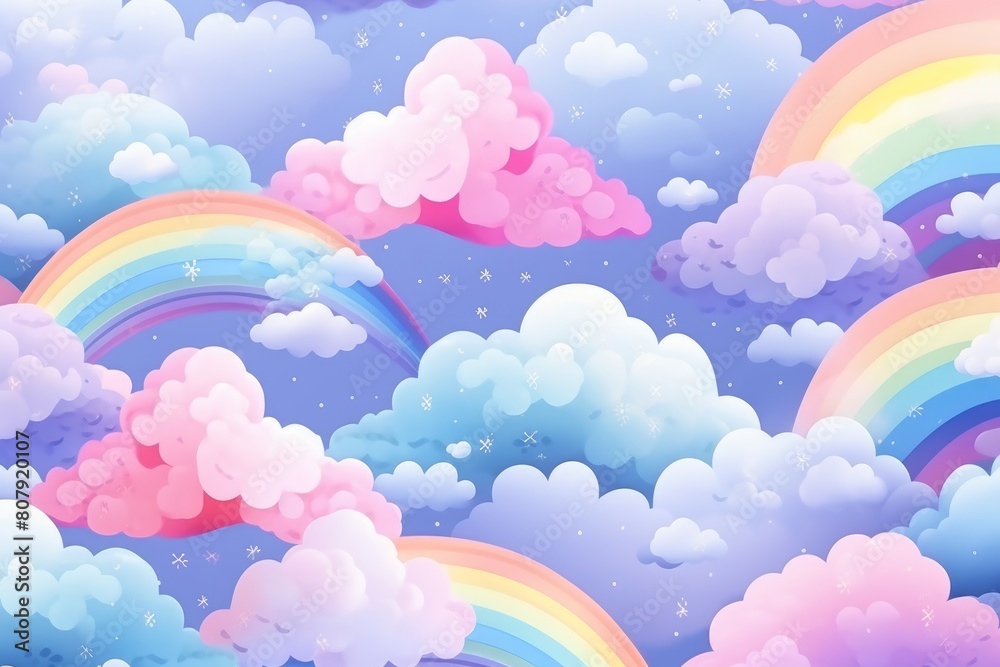 Abstract background with rainbow and multicolored clouds, cartoon illustration, pattern