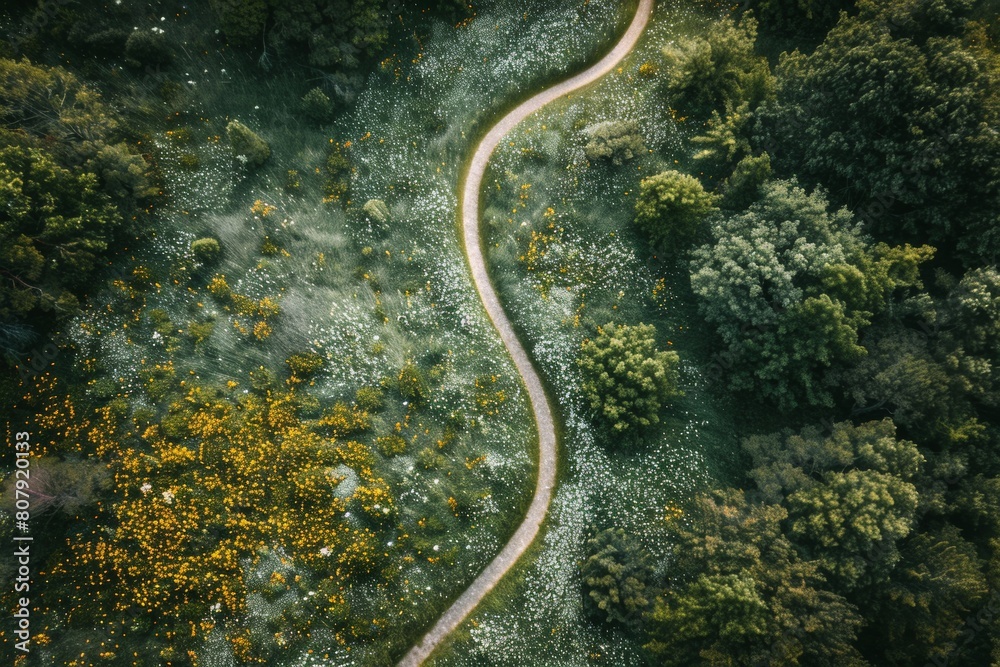 Aerial shot of a winding path cutting through a field of wildflowers, leading towards a hidden grove of trees