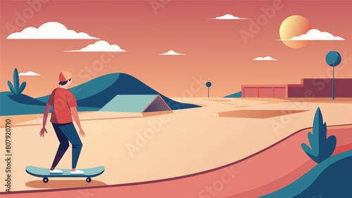 A lone skateboarder enjoying the tranquility of a deserted skatepark taking their time with each trick and truly savoring the moment.. Vector illustration