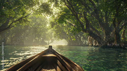 Serene canoe ride through lush mangrove forest at sunrise photo