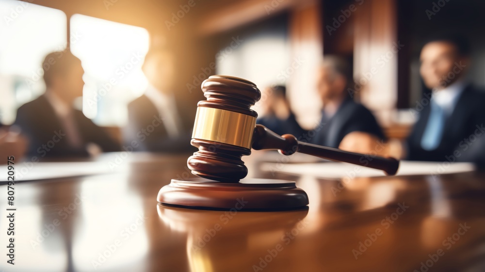 Closeup of a gavel on a polished wooden table in a boardroom with blurred figures in the background representing the authority and decisionmaking in corporate governance