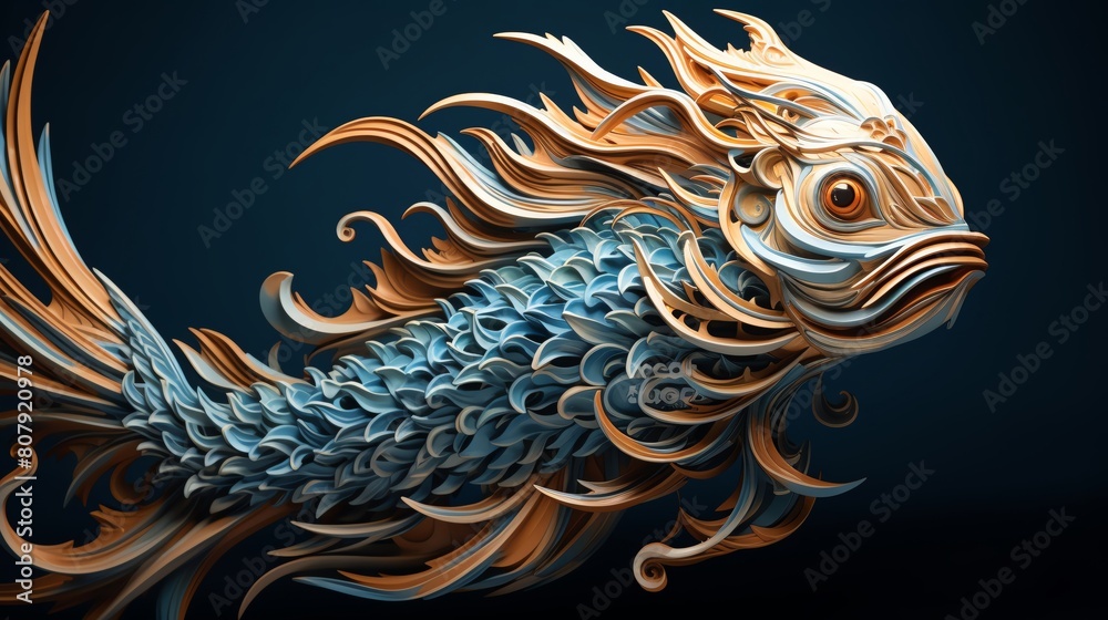 Closeup of a detailed fish sculpture with intricate patterns set against a backdrop of ocean waves captured in motion highlighting the complexity and fluid nature of Pisces