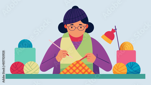 A knitter with OCD who carefully counts and organizes each stitch to create flawless and geometric patterns in her scarves and sweaters.. Vector illustration