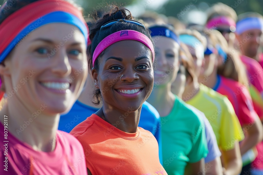 Close-up: A diverse group of runners wearing colorful charity shirts